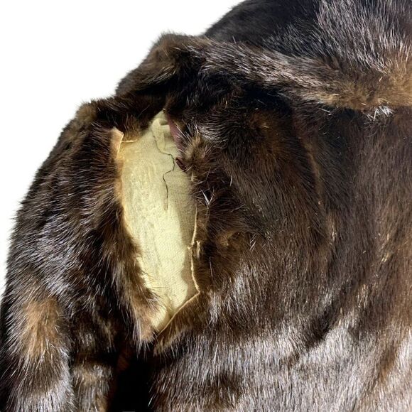 Vintage 70s Real Fur Leather Panel Coat M Black Brown For Repair - Picture 8 of 12